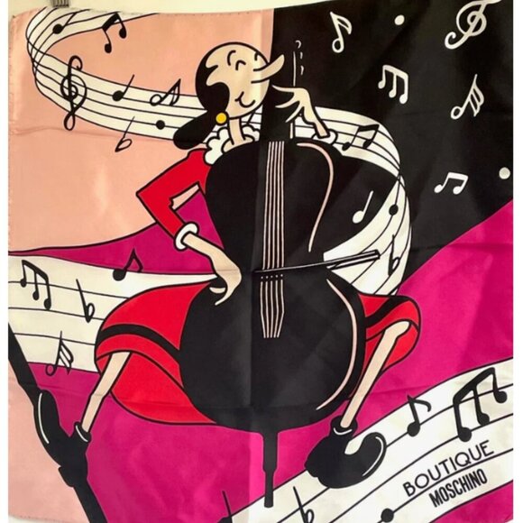 Moschino Scarf Silk Womens Square Olive Oyle Bass Popeye Collection 19x19 Italy - Picture 1 of 6